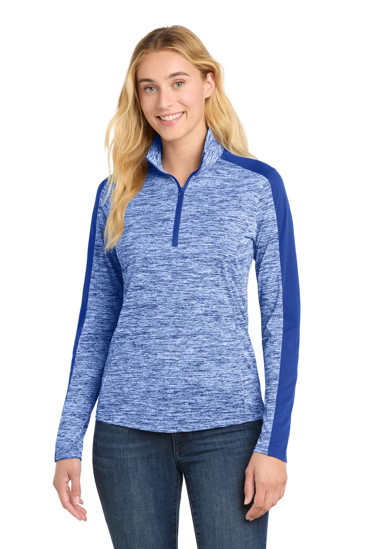 Sport-Tek® Women's PosiCharge® Electric Heather Colorblock 1/4-Zip Pullover. LST397